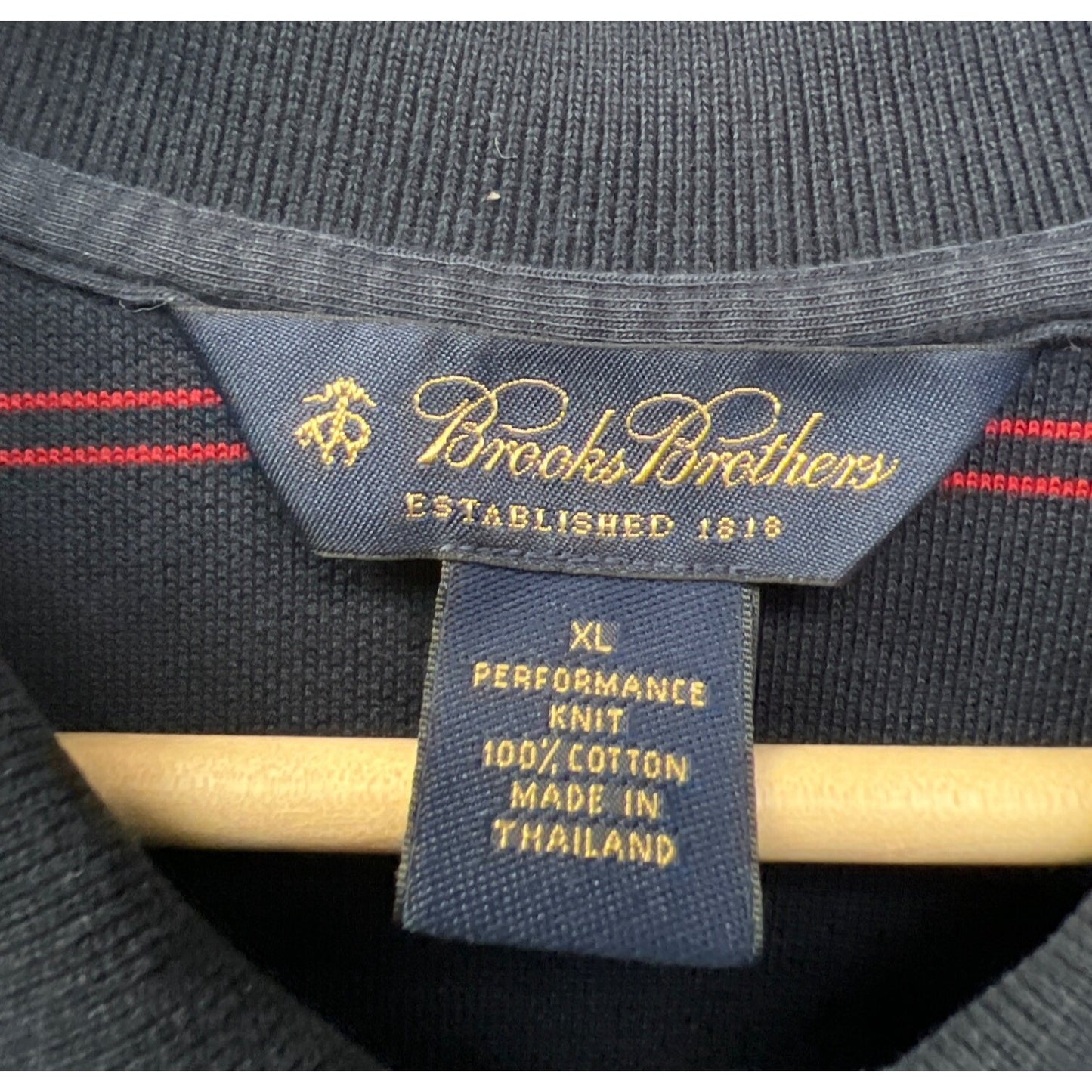 Brooks Brothers Performance Knit Navy Blue and Red Striped Long Sleeve Polo Shirt