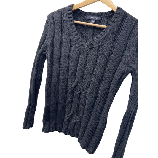 Land's End Navy Blue Cable Knit V-Neck Navy Wool Sweater