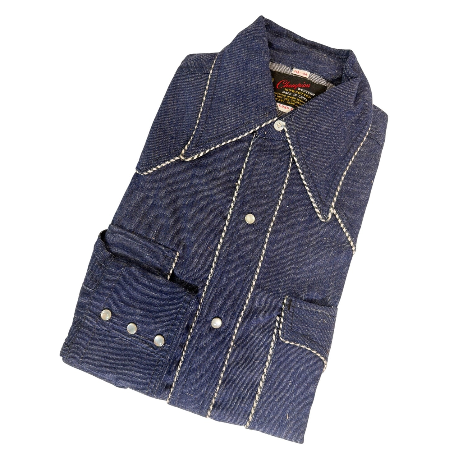 Champion Western Vintage 70s Deadstock Denim Rodeo Cowboy Shirt Long Tail 14.5x34