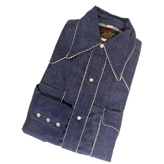 Champion Western Vintage 70s Deadstock Denim Rodeo Cowboy Shirt Long Tail 14.5x34