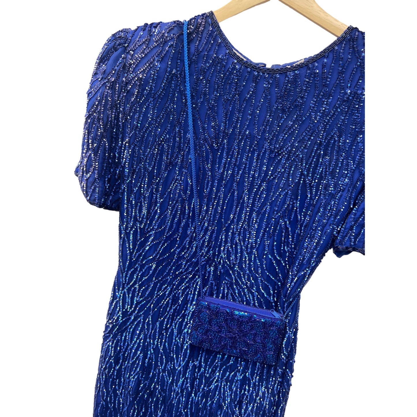 Laurence Kazar Vintage 80's Royal Blue Silk Sequin Cocktail Dress and Purse