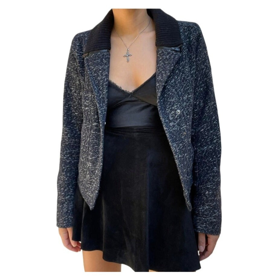 Gap Blue and Black Wool Blend Tweed Moto Jacket