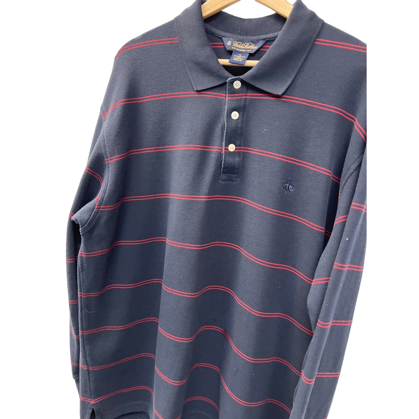 Brooks Brothers Performance Knit Navy Blue and Red Striped Long Sleeve Polo Shirt