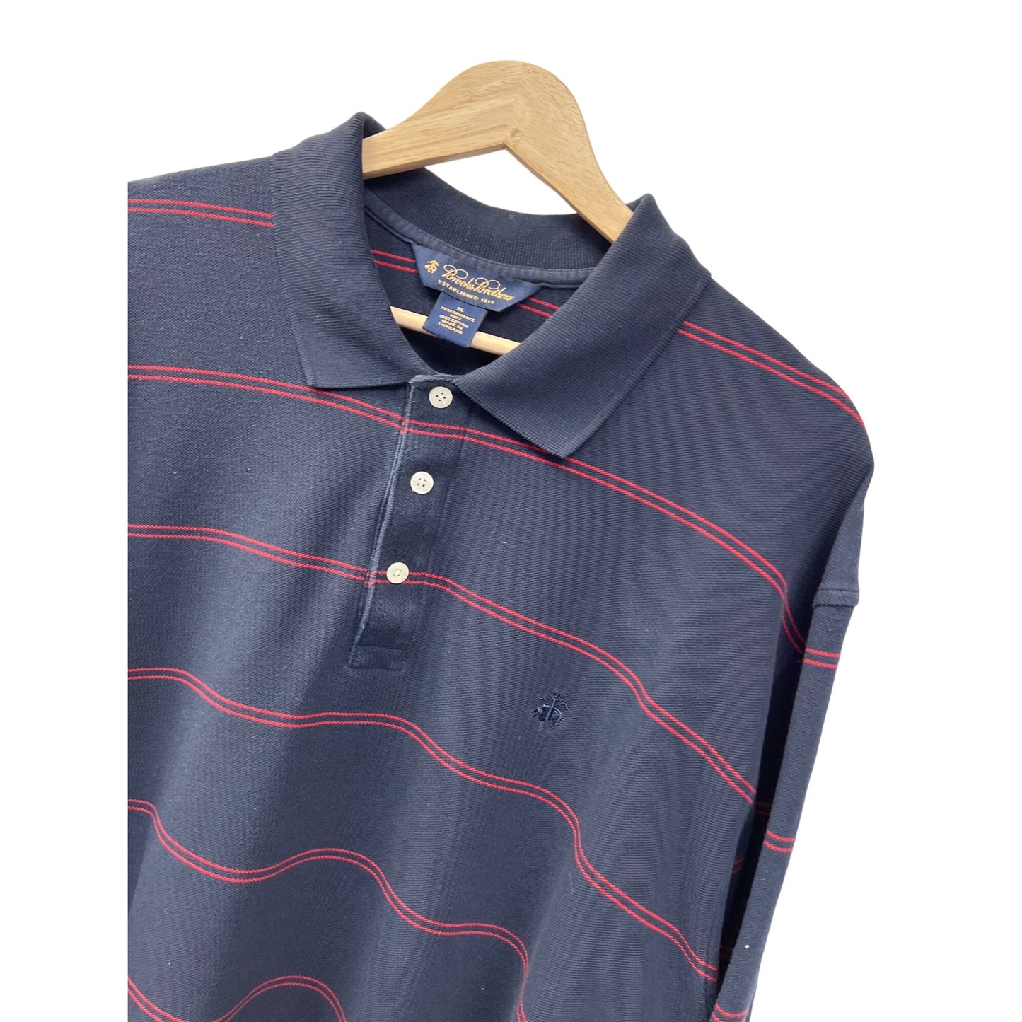 Brooks Brothers Performance Knit Navy Blue and Red Striped Long Sleeve Polo Shirt