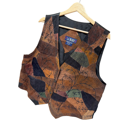 LA Blues Vintage 90s Earth Tone Patchwork Leather Suede Vest With Embroidered Vine Design 1X