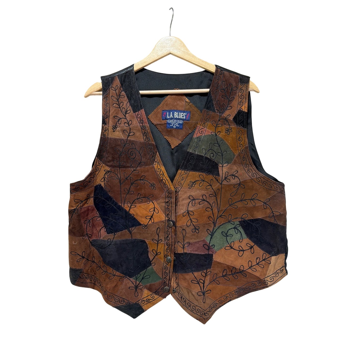 LA Blues Vintage 90s Earth Tone Patchwork Leather Suede Vest With Embroidered Vine Design 1X
