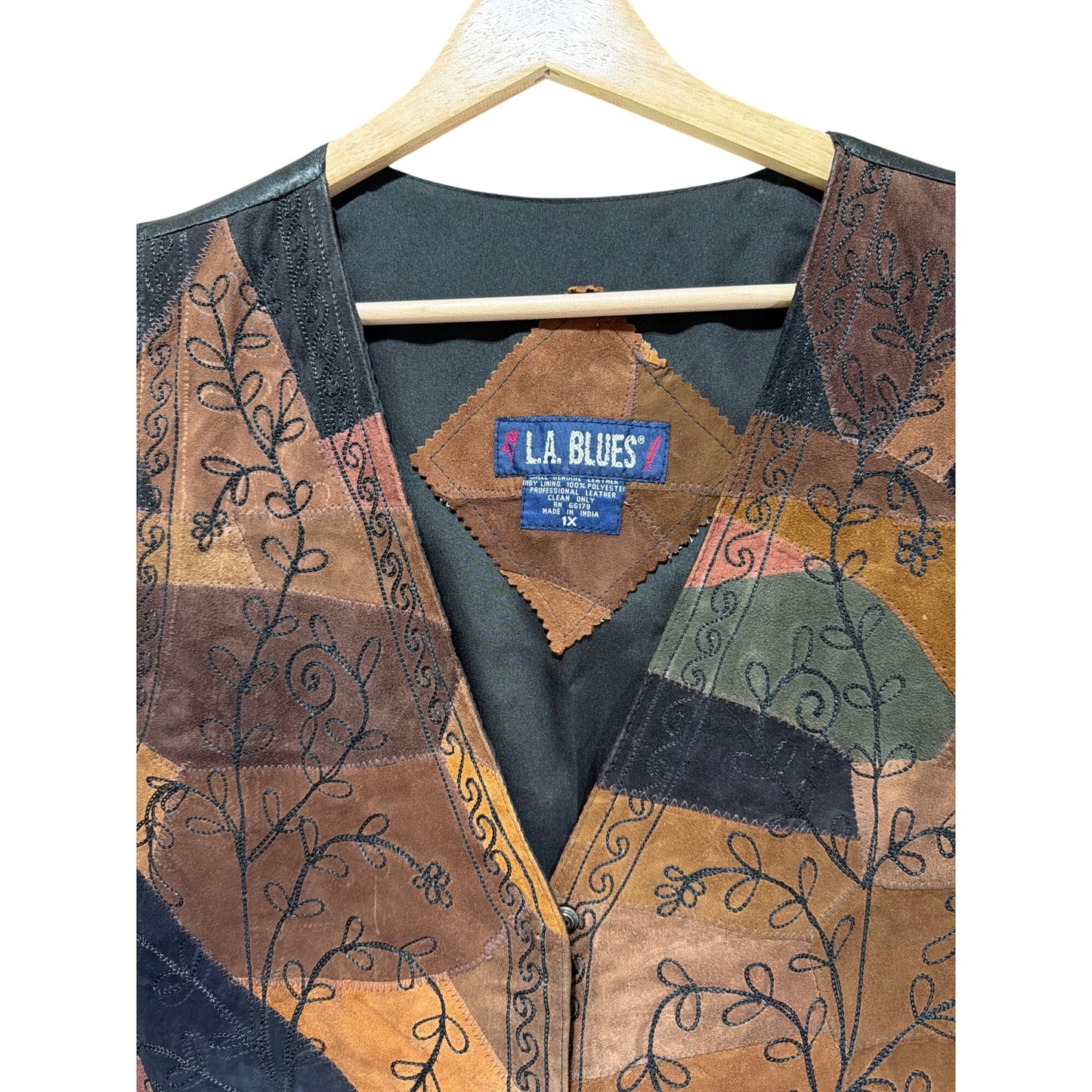 LA Blues Vintage 90s Earth Tone Patchwork Leather Suede Vest With Embroidered Vine Design 1X