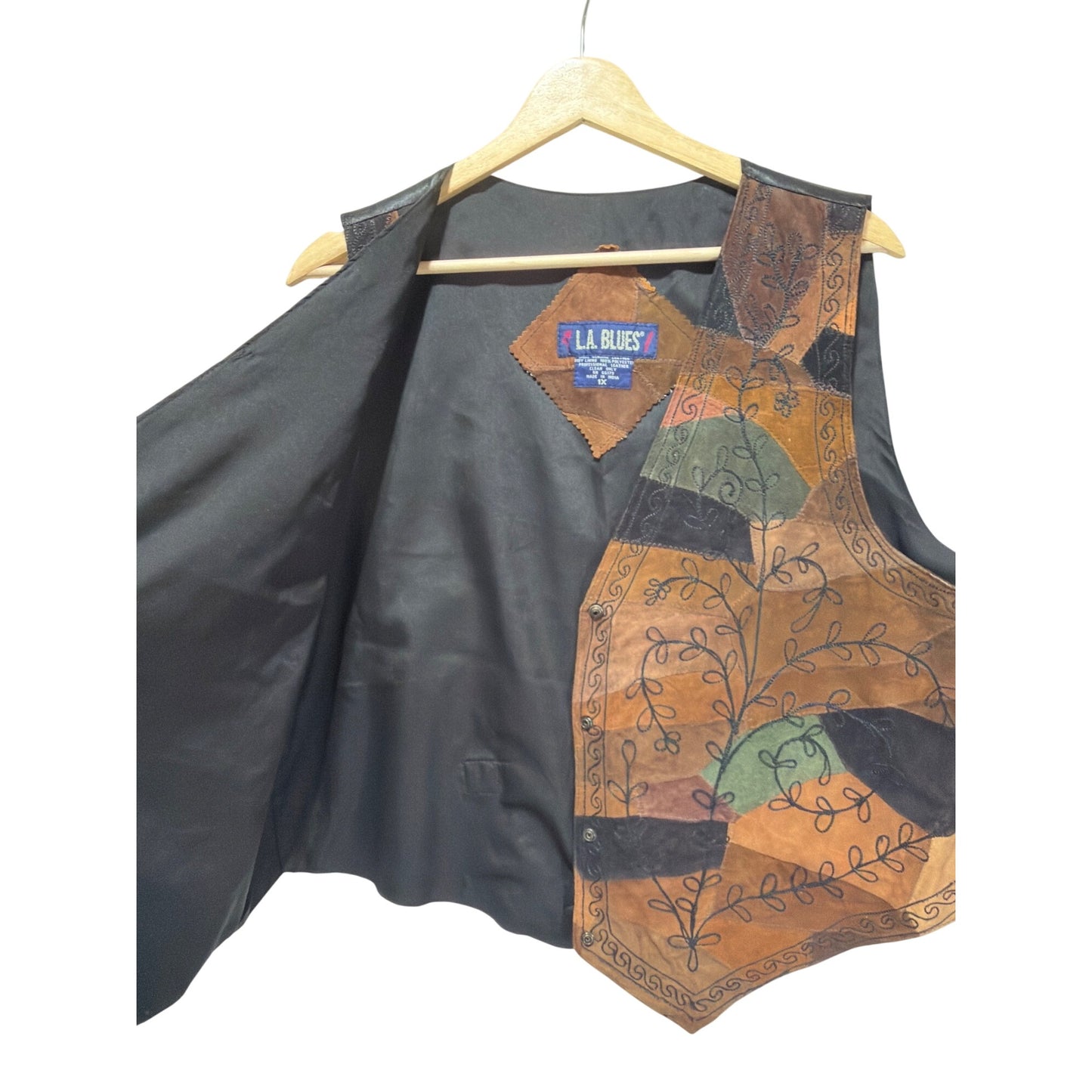 LA Blues Vintage 90s Earth Tone Patchwork Leather Suede Vest With Embroidered Vine Design 1X