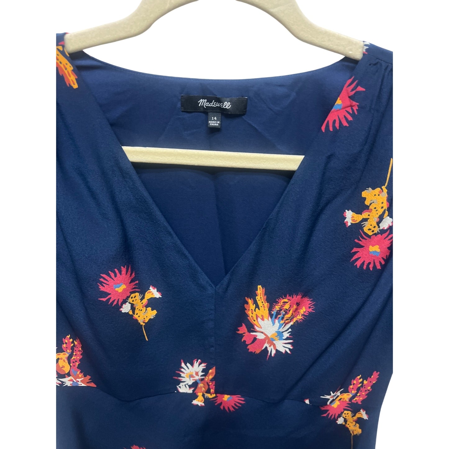 Madewell Silk Navy Floral Short Sleeve A-Line Modern Family Dress
