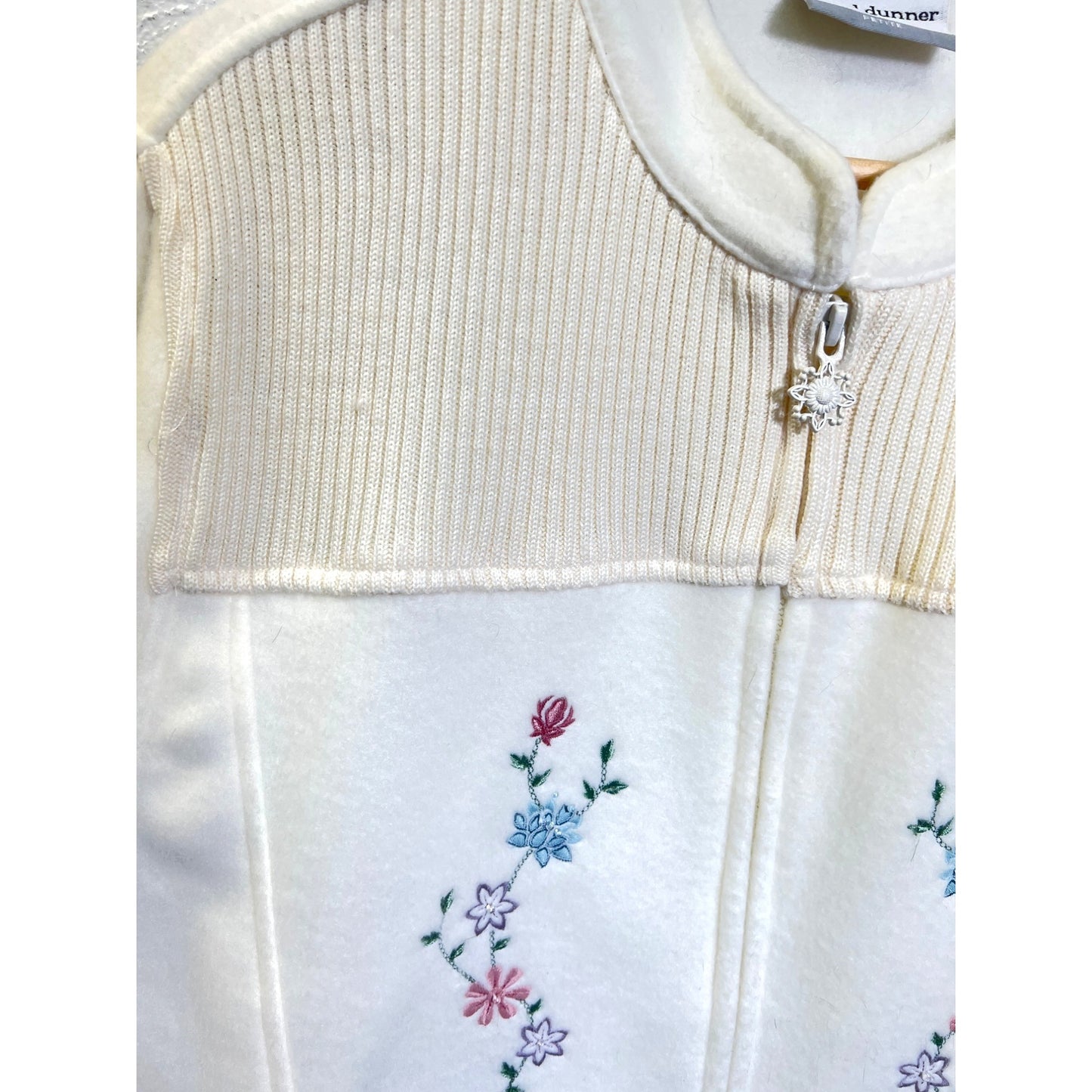 Alfred Dunner Petite Fleece and Cableknit Off White Floral Embroidered Jacket