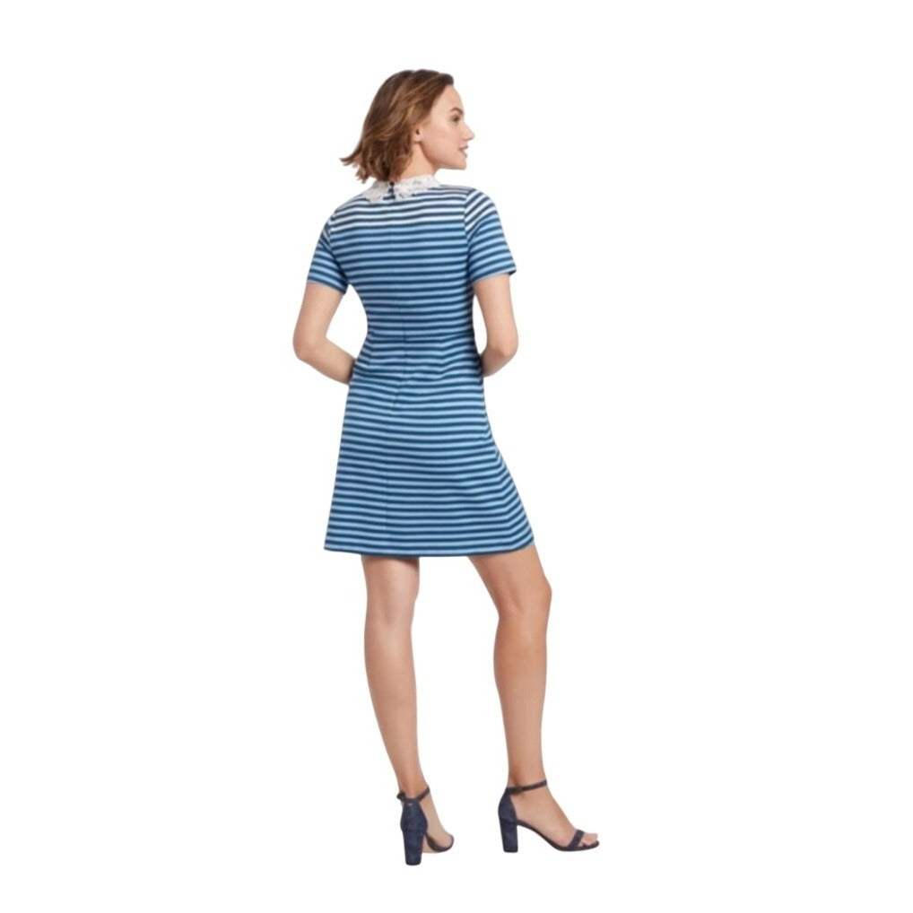 Draper James Blue Striped Lace Collar A-Line Knit Dress
