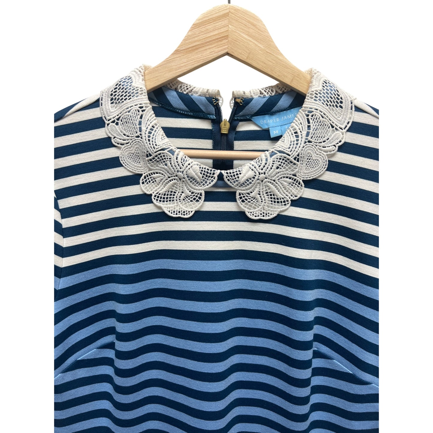 Draper James Blue Striped Lace Collar A-Line Knit Dress