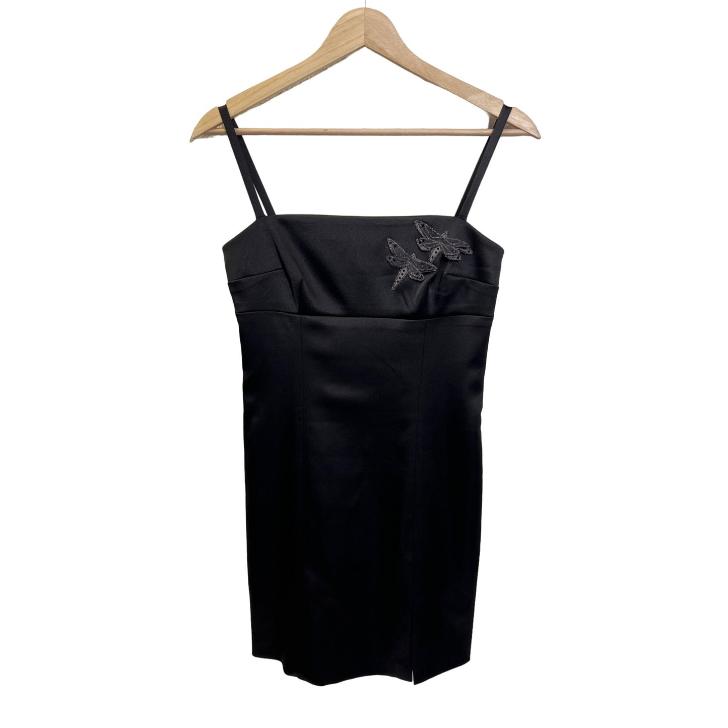 Hugo Buscati Vintage Y2K Black Satin Bodycon Dress with Jeweled Firefly