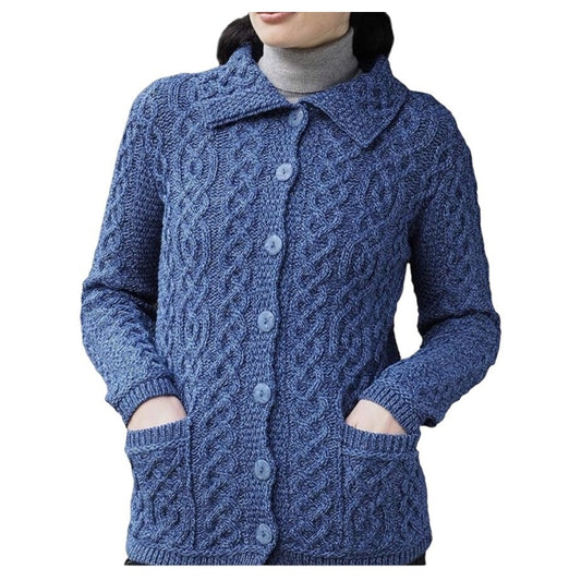 Aran Crafts Ireland 100% Merino Wool Blue Cable Knit Cardigan Sweater With Pockets Small