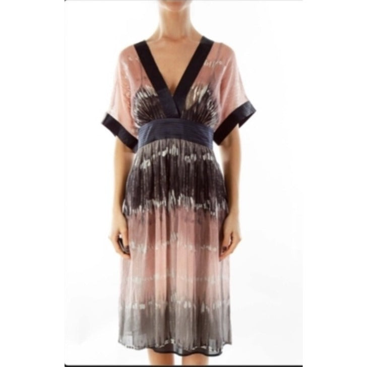 BCBGMaxazria Vintage Y2K Shimmer Chiffon Kimono Dress In Pink Gray Navy