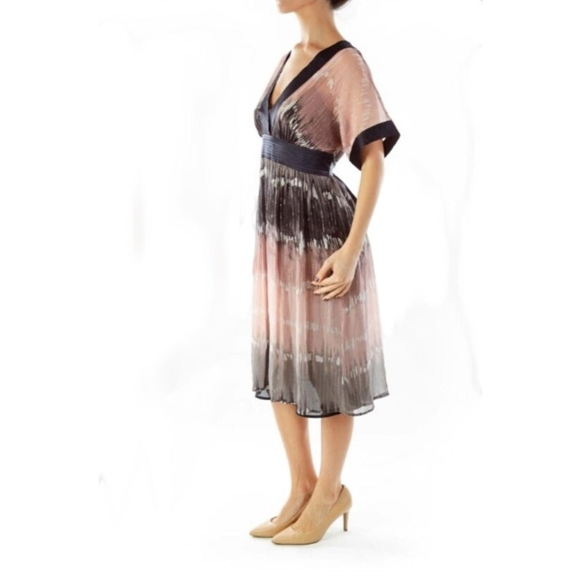 BCBGMaxazria Vintage Y2K Shimmer Chiffon Kimono Dress In Pink Gray Navy