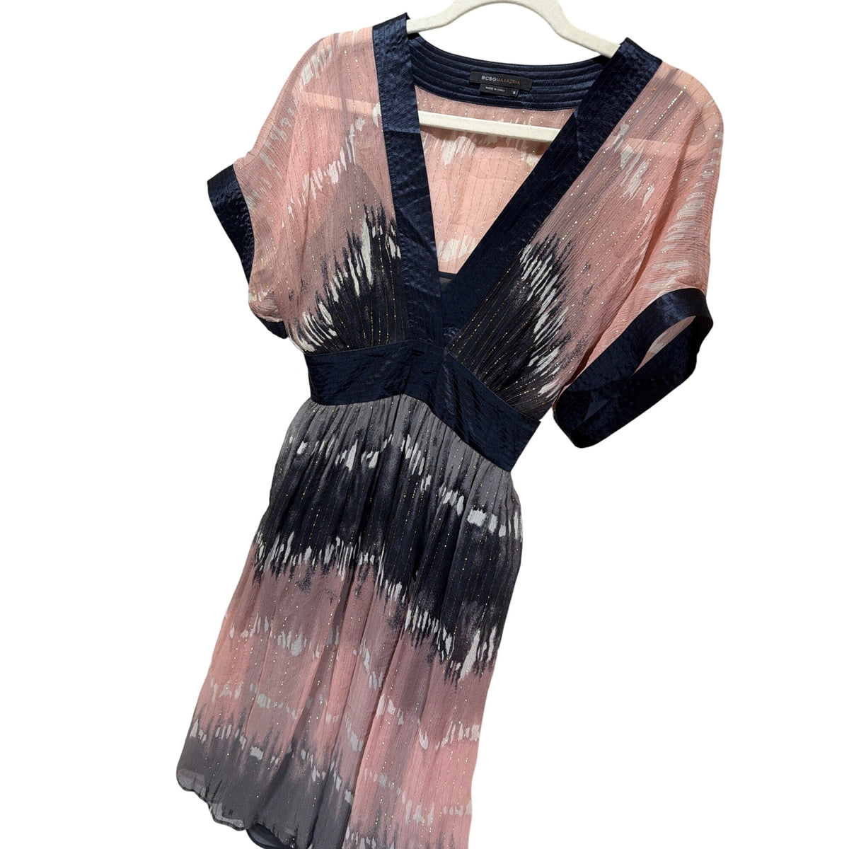 BCBGMaxazria Vintage Y2K Shimmer Chiffon Kimono Dress In Pink Gray Navy