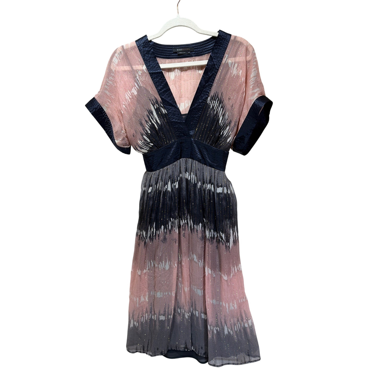 BCBGMaxazria Vintage Y2K Shimmer Chiffon Kimono Dress In Pink Gray Navy