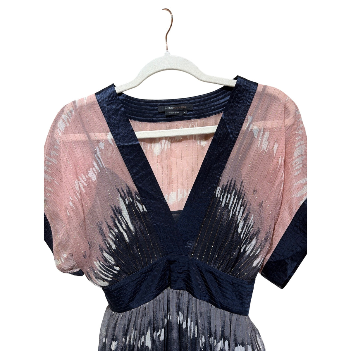 BCBGMaxazria Vintage Y2K Shimmer Chiffon Kimono Dress In Pink Gray Navy