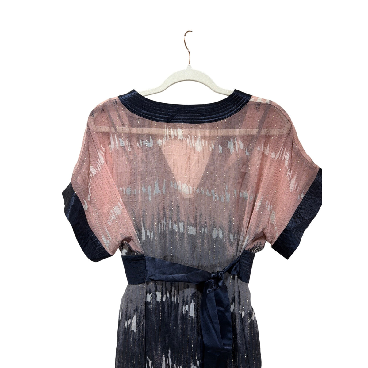 BCBGMaxazria Vintage Y2K Shimmer Chiffon Kimono Dress In Pink Gray Navy