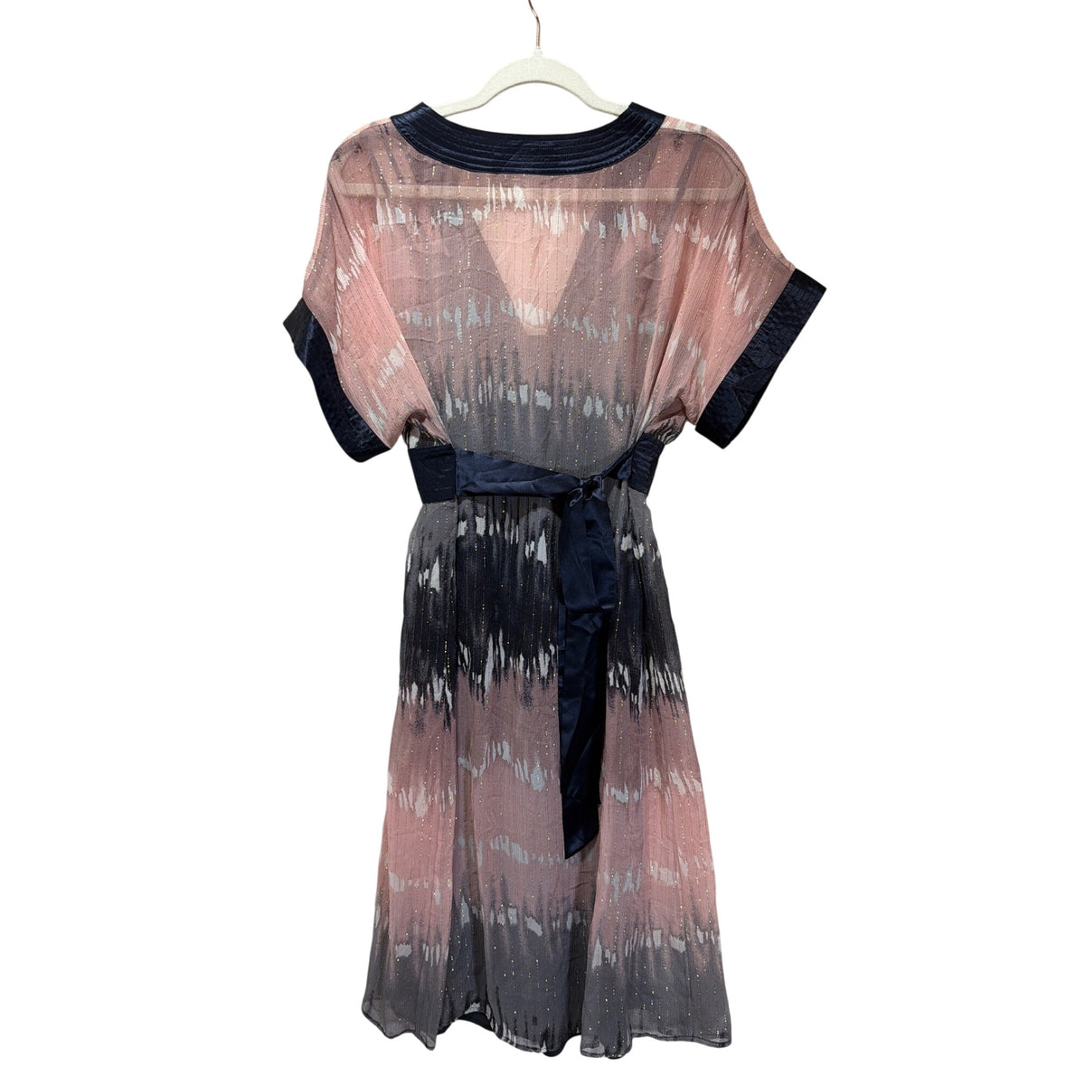 BCBGMaxazria Vintage Y2K Shimmer Chiffon Kimono Dress In Pink Gray Navy
