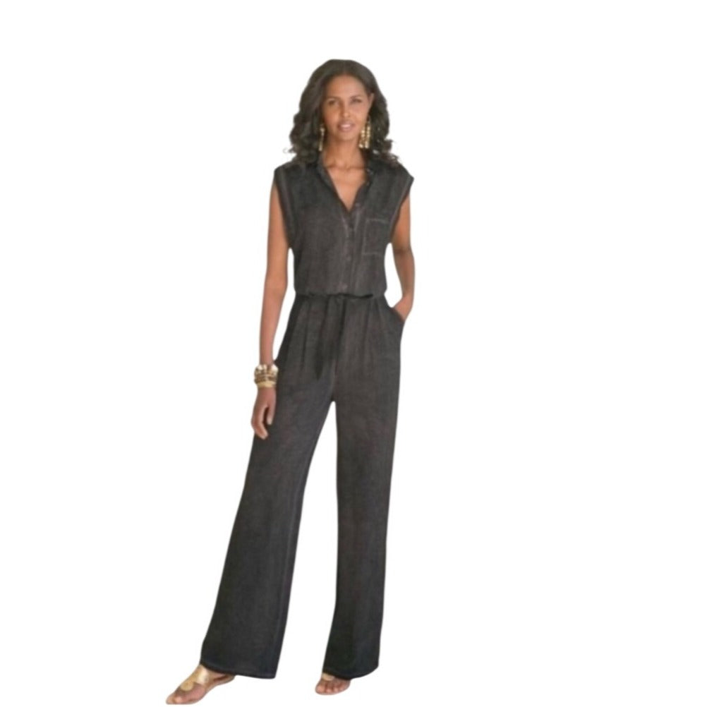 Soft Surroundings NWT Sleeveless Button-Front Black Jumpsuit With Tie Waist & Pockets Size M
