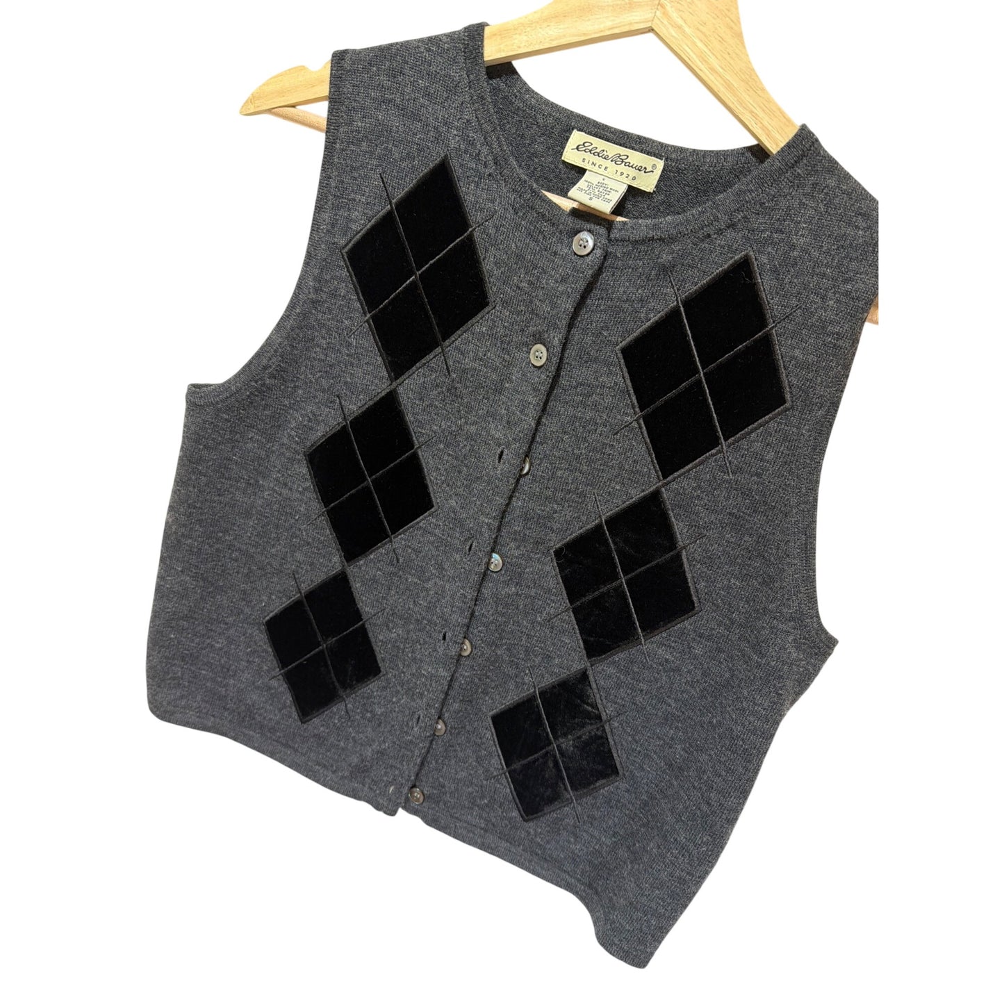 Eddie Bauer Vintage 90s Gray Vest Black Velvet Argyle Merino Wool