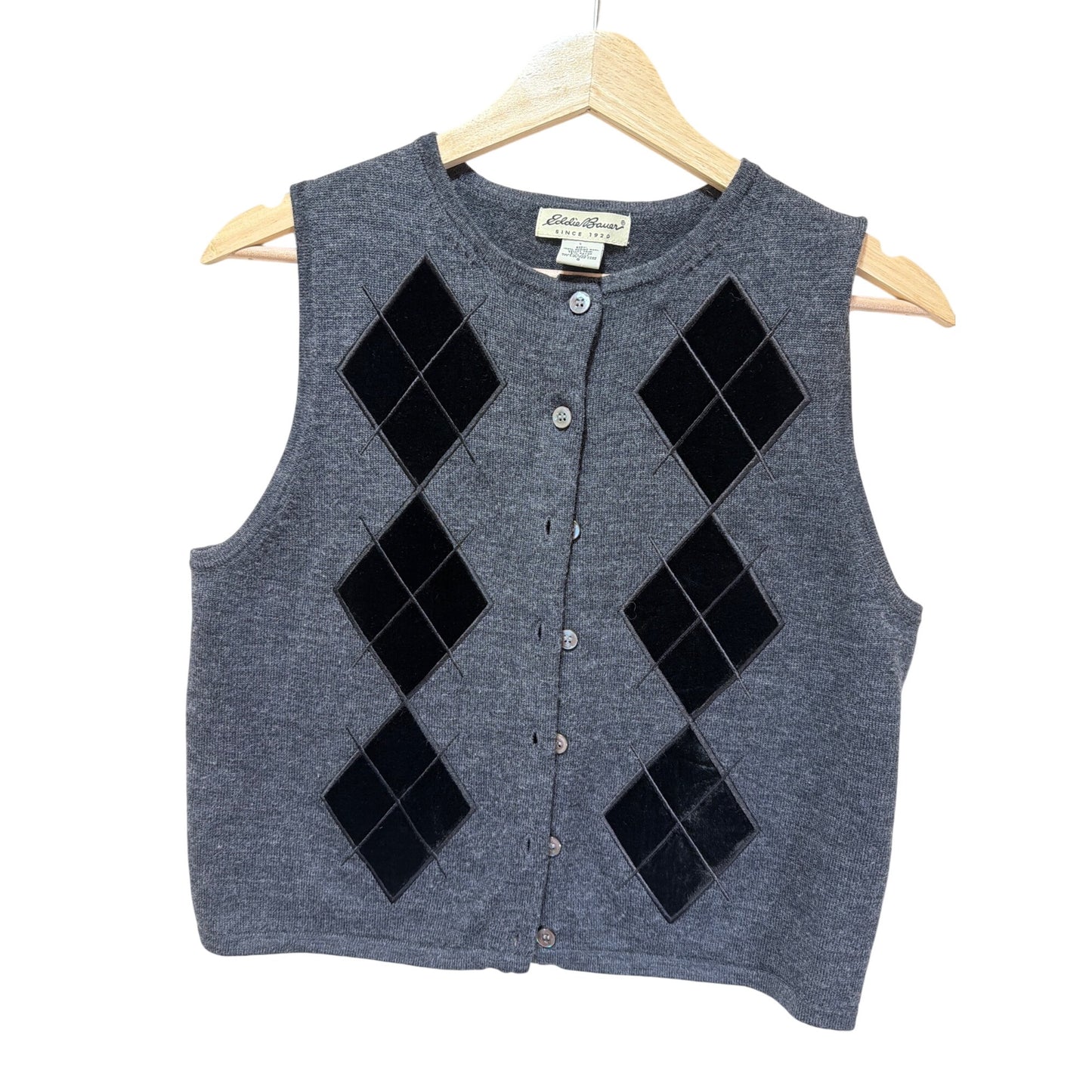 Eddie Bauer Vintage 90s Gray Vest Black Velvet Argyle Merino Wool