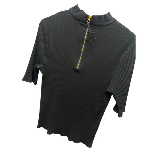 Chico's Black Label Black Ribbed Short Sleeve Gold Back Zipper Mock Neck Top
