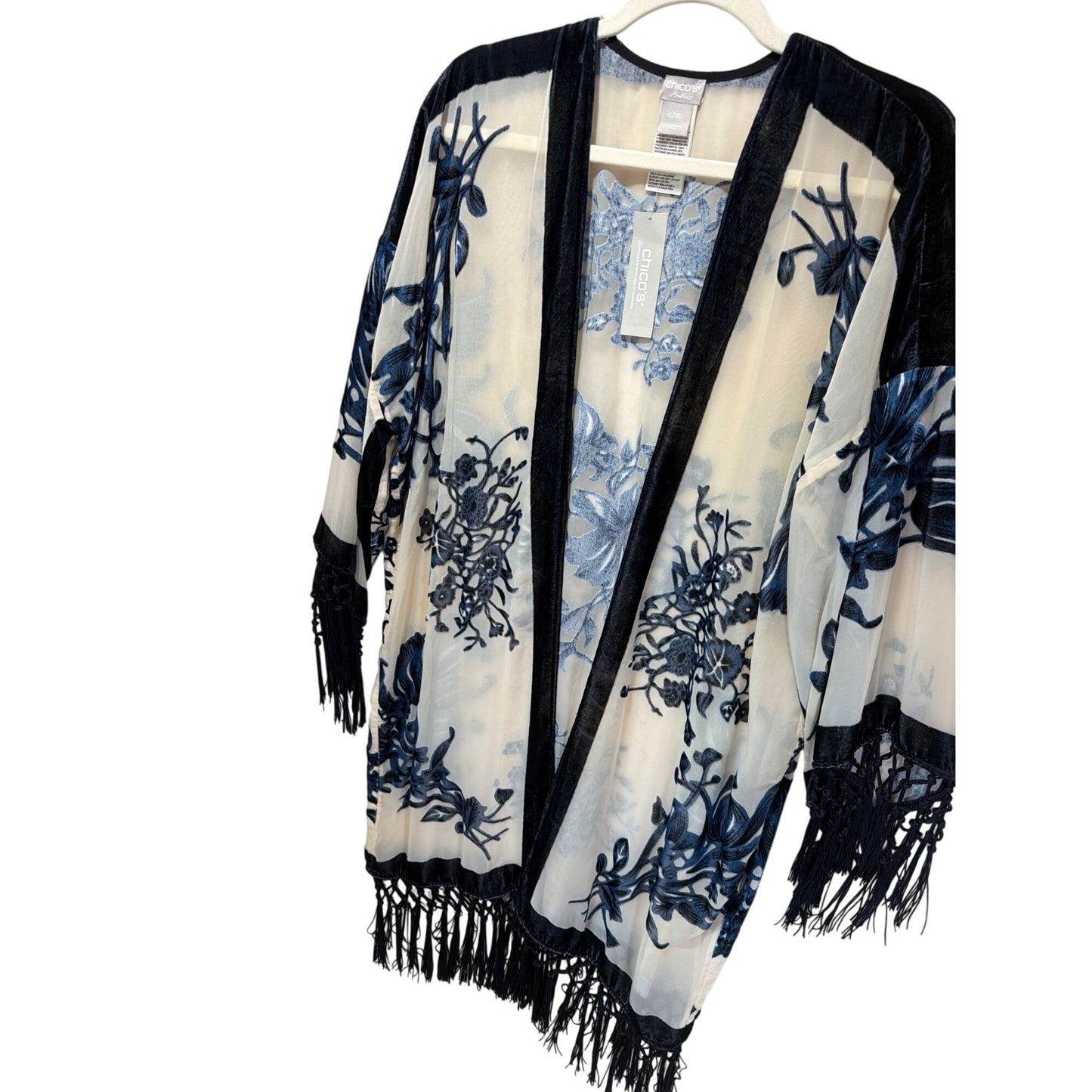 Chicos NWT Travelers Kimono Velvet Burnout Jacket L/XL India Ink Blue Floral Sheer Fringe Trim