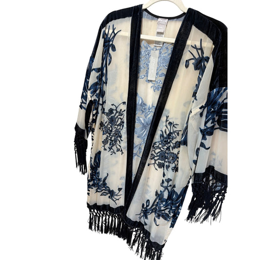 Chicos NWT Travelers Kimono Velvet Burnout Jacket L/XL India Ink Blue Floral Sheer Fringe Trim