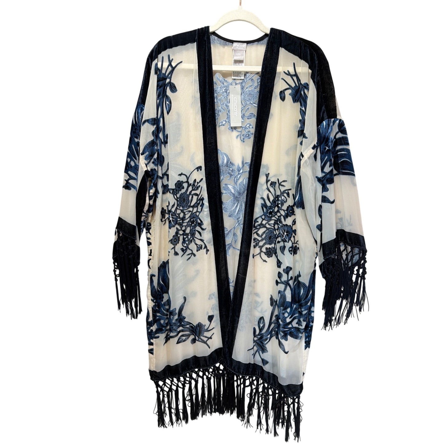 Chicos NWT Travelers Kimono Velvet Burnout Jacket L/XL India Ink Blue Floral Sheer Fringe Trim