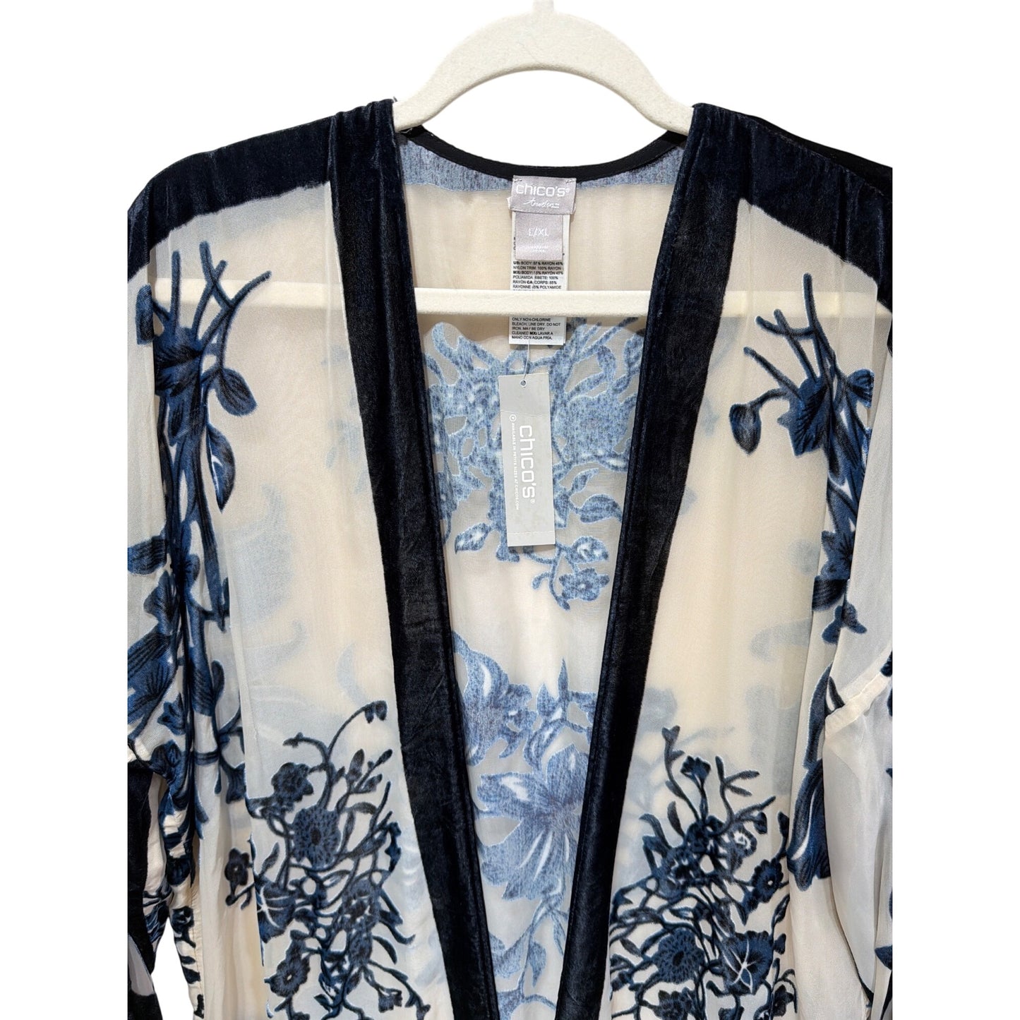 Chicos NWT Travelers Kimono Velvet Burnout Jacket L/XL India Ink Blue Floral Sheer Fringe Trim