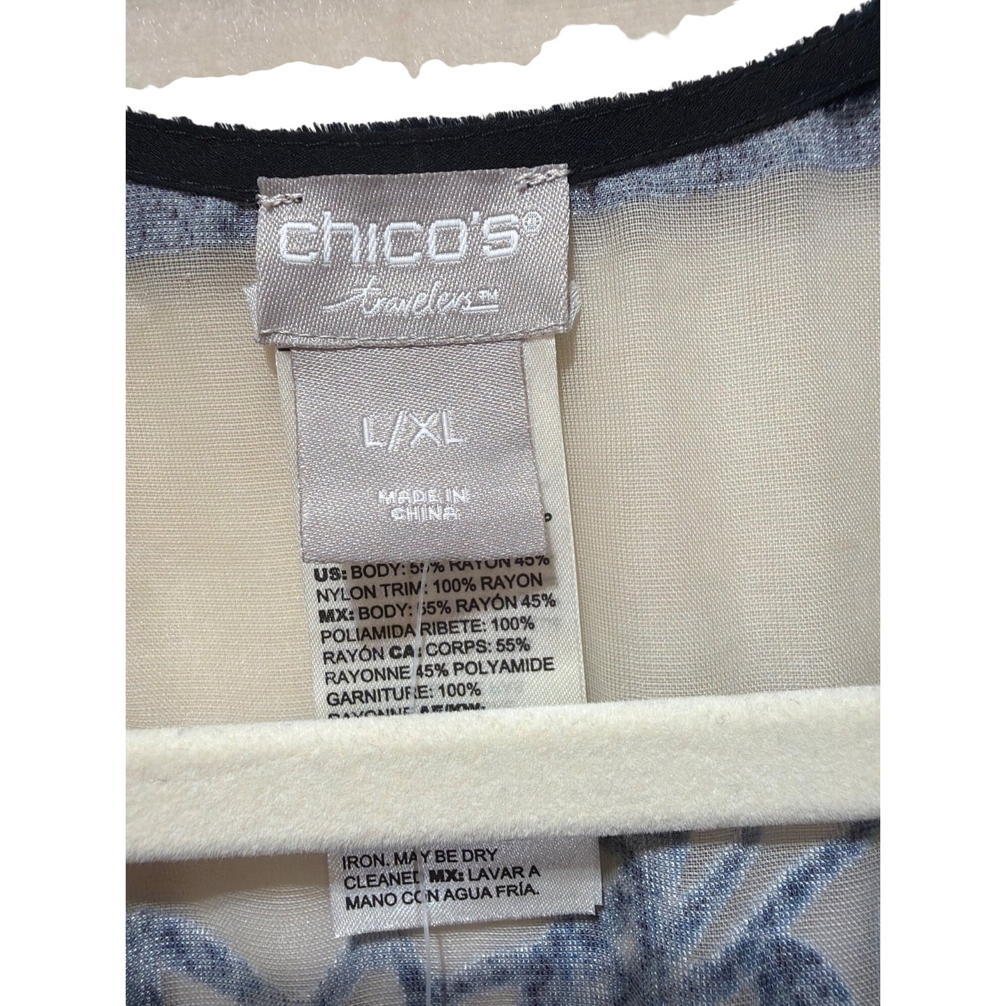 Chicos NWT Travelers Kimono Velvet Burnout Jacket L/XL India Ink Blue Floral Sheer Fringe Trim