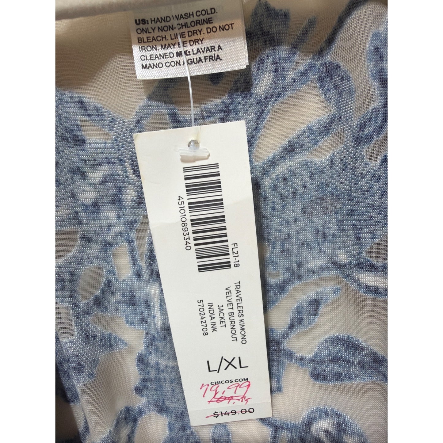 Chicos NWT Travelers Kimono Velvet Burnout Jacket L/XL India Ink Blue Floral Sheer Fringe Trim