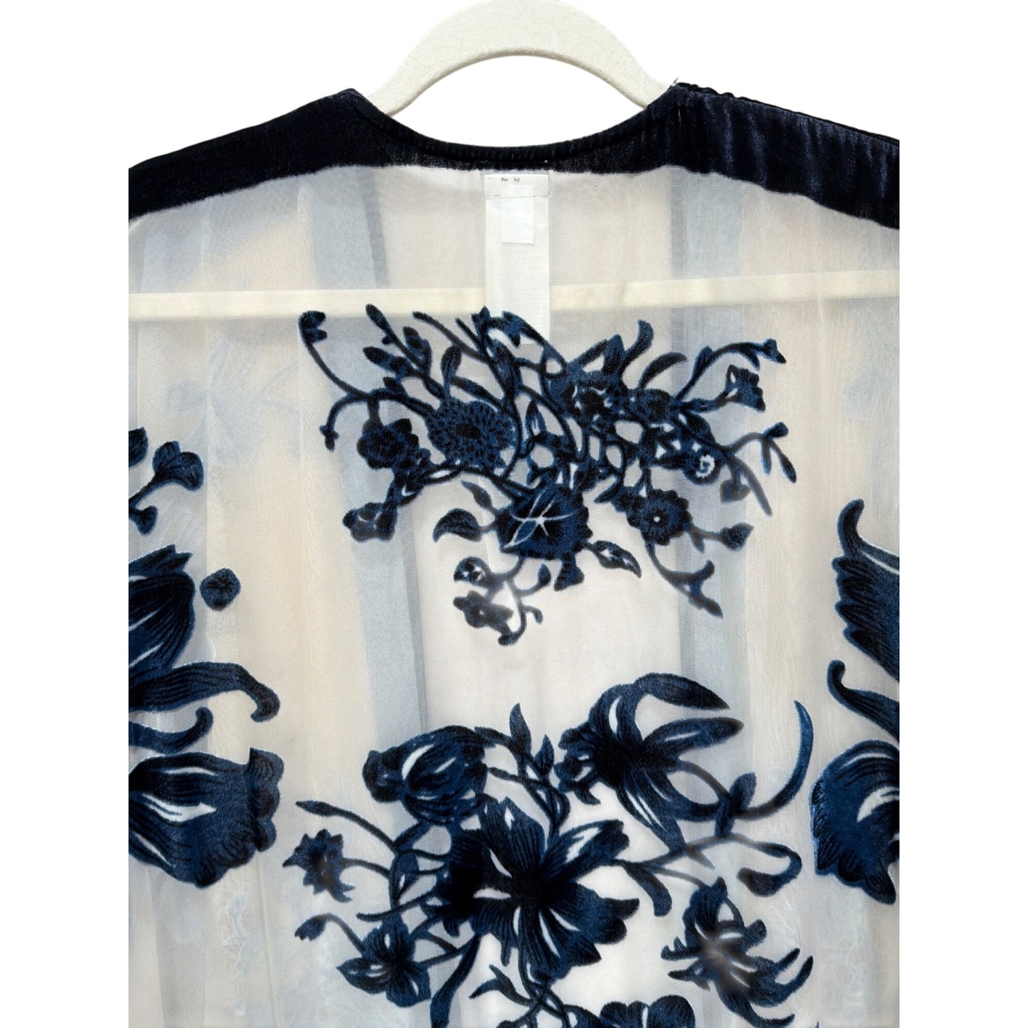 Chicos NWT Travelers Kimono Velvet Burnout Jacket L/XL India Ink Blue Floral Sheer Fringe Trim