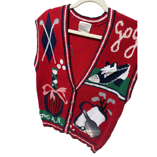Susan Bristol 1992 Womens Golf-Themed Red Knit Sweater Vest S Plaid Appliqué Zip Front