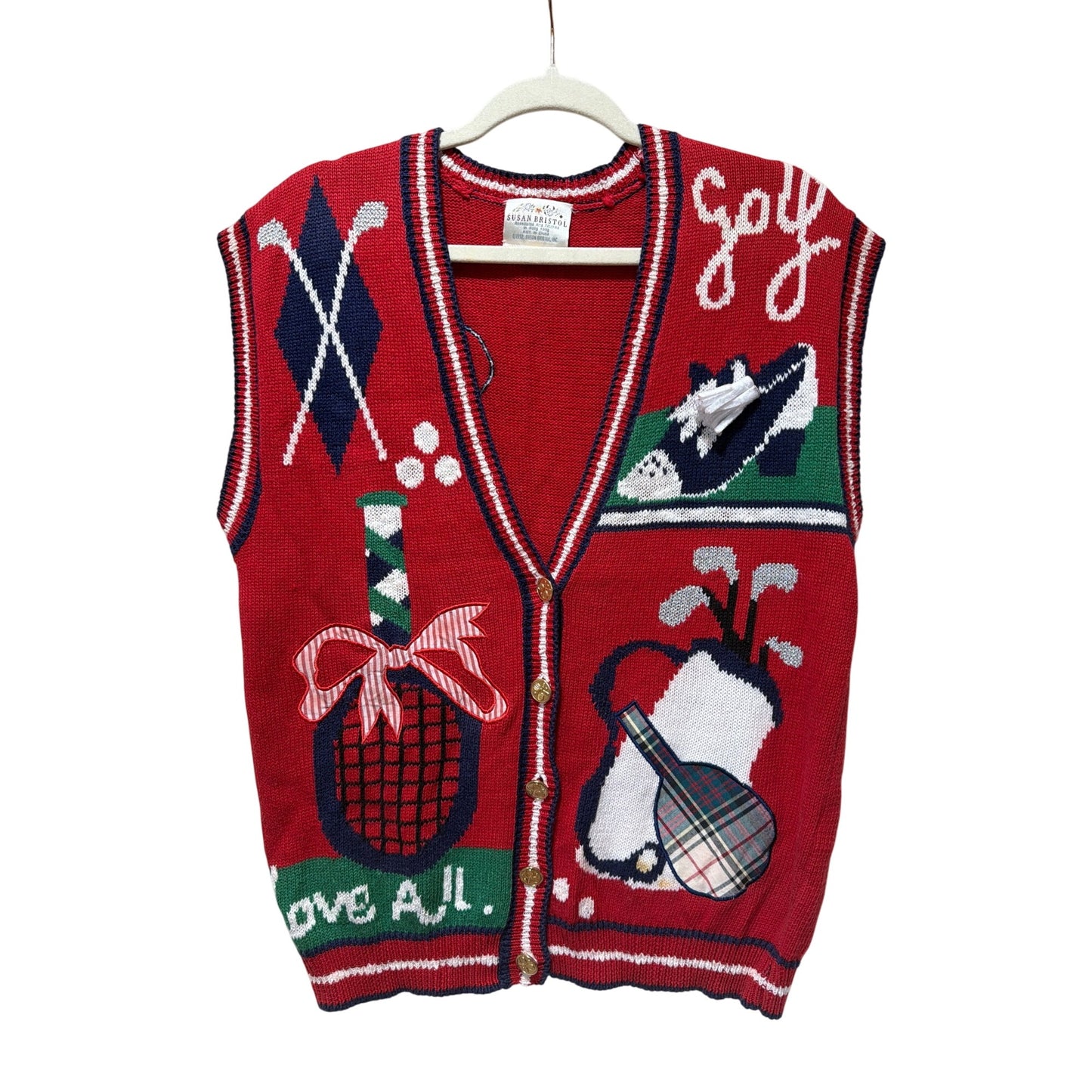 Susan Bristol 1992 Womens Golf-Themed Red Knit Sweater Vest S Plaid Appliqué Zip Front