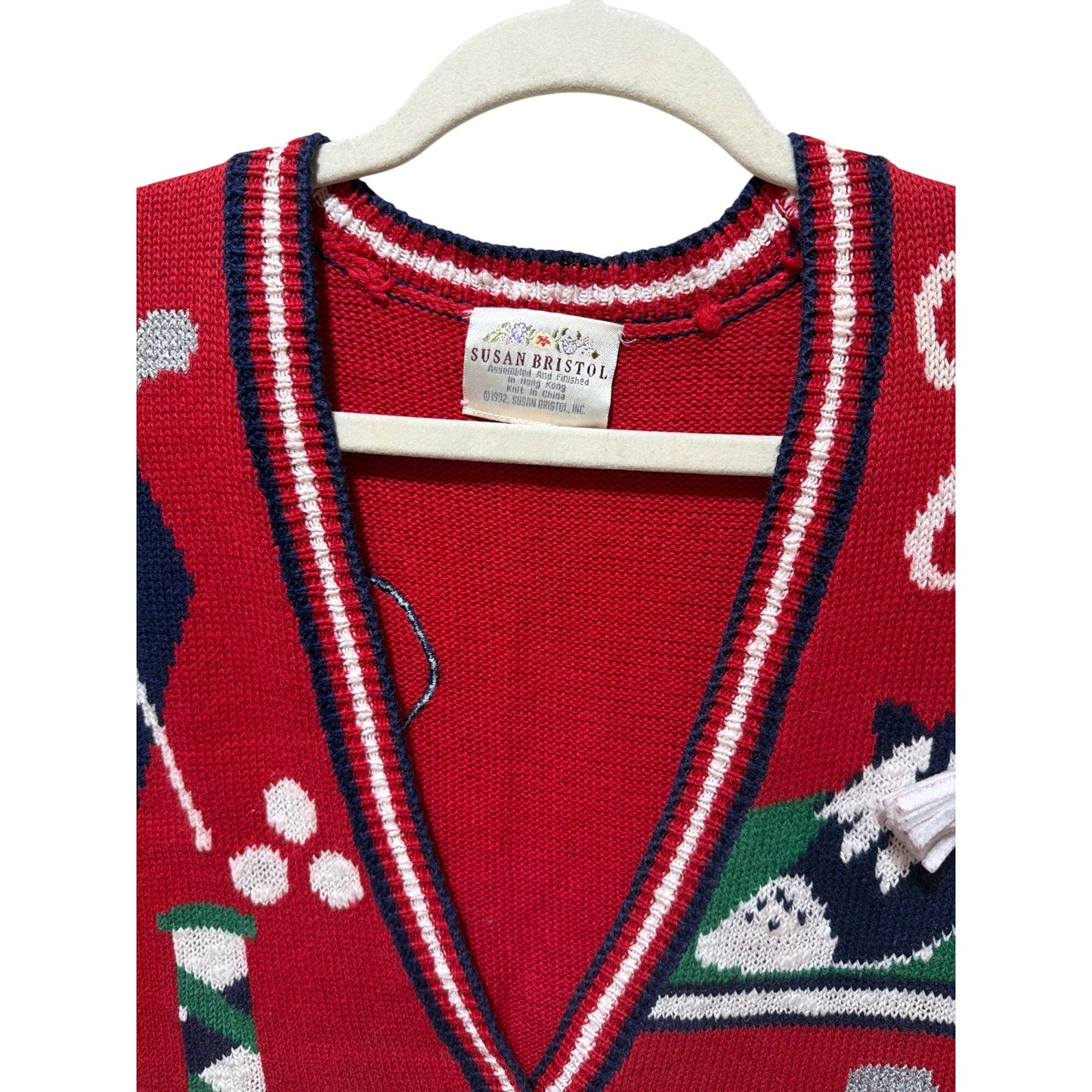 Susan Bristol 1992 Womens Golf-Themed Red Knit Sweater Vest S Plaid Appliqué Zip Front