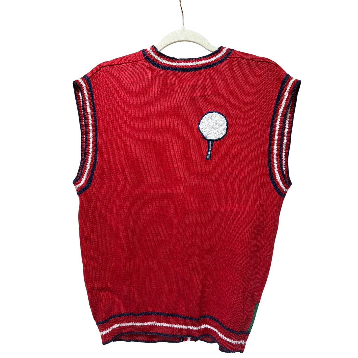 Susan Bristol 1992 Womens Golf-Themed Red Knit Sweater Vest S Plaid Appliqué Zip Front
