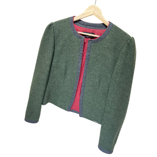 Geiger Tyrol Green Boiled Wool Jacket With Red Lining & Grey Trim Made In Austria Size 42