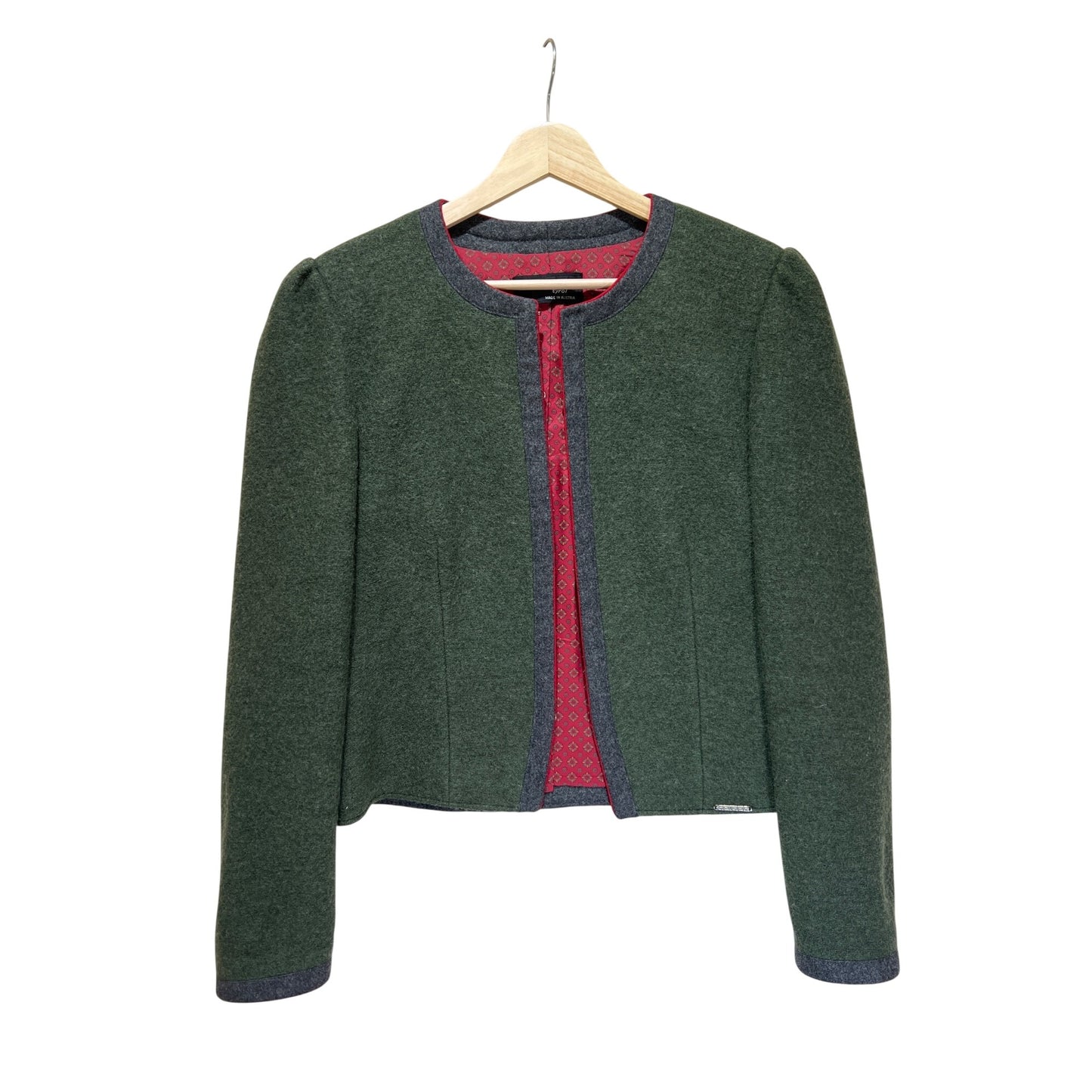 Geiger Tyrol Green Boiled Wool Jacket With Red Lining & Grey Trim Made In Austria Size 42