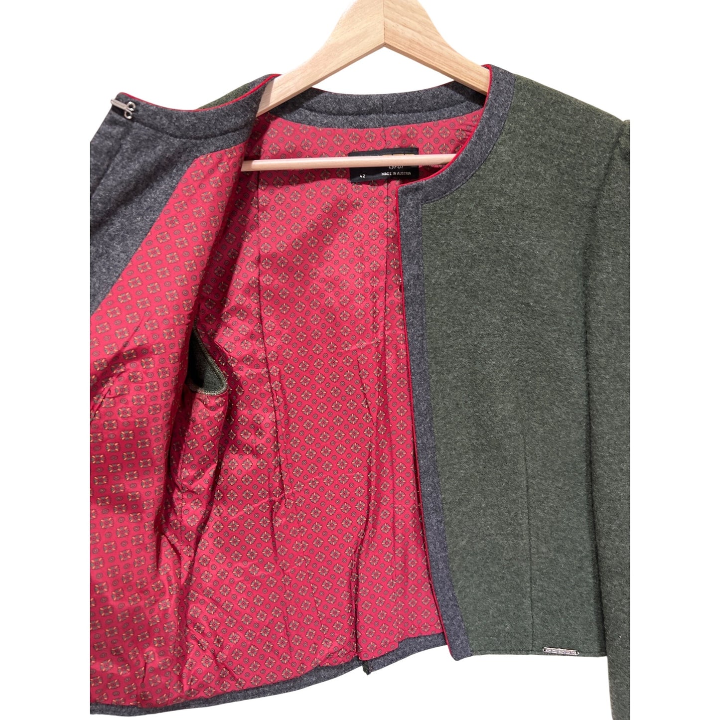 Geiger Tyrol Green Boiled Wool Jacket With Red Lining & Grey Trim Made In Austria Size 42