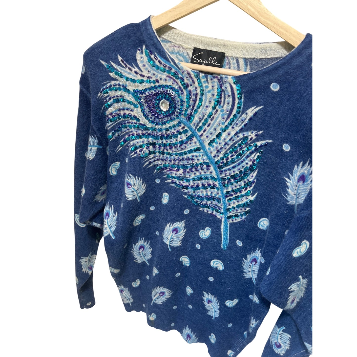 Suzelle NWT Vintage 80's Blue Turquoise Sweater With Peacock Feather Sequin Detail Lambswool & Angora Blend Small