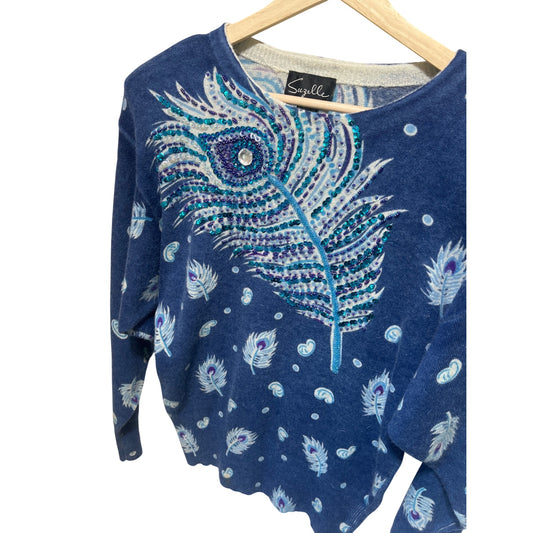 Suzelle NWT Vintage 80's Blue Turquoise Sweater With Peacock Feather Sequin Detail Lambswool & Angora Blend Small