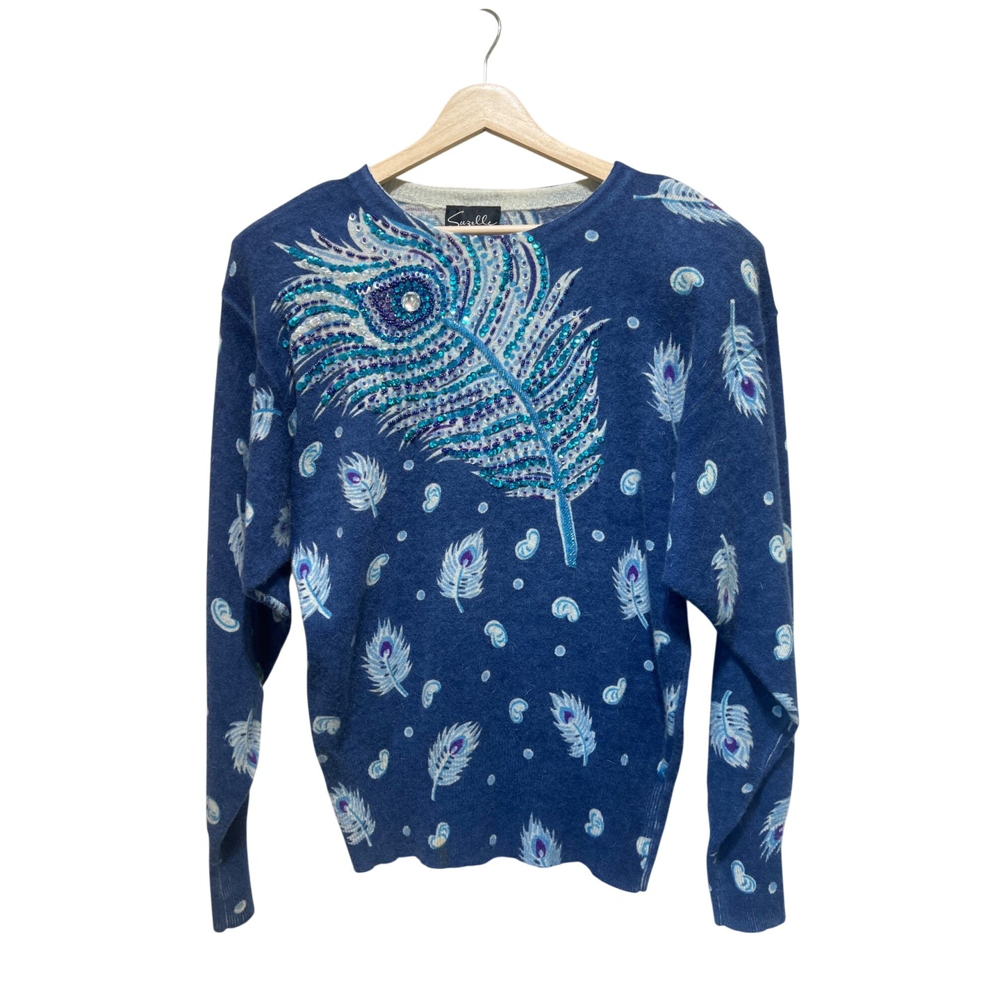 Suzelle NWT Vintage 80's Blue Turquoise Sweater With Peacock Feather Sequin Detail Lambswool & Angora Blend Small