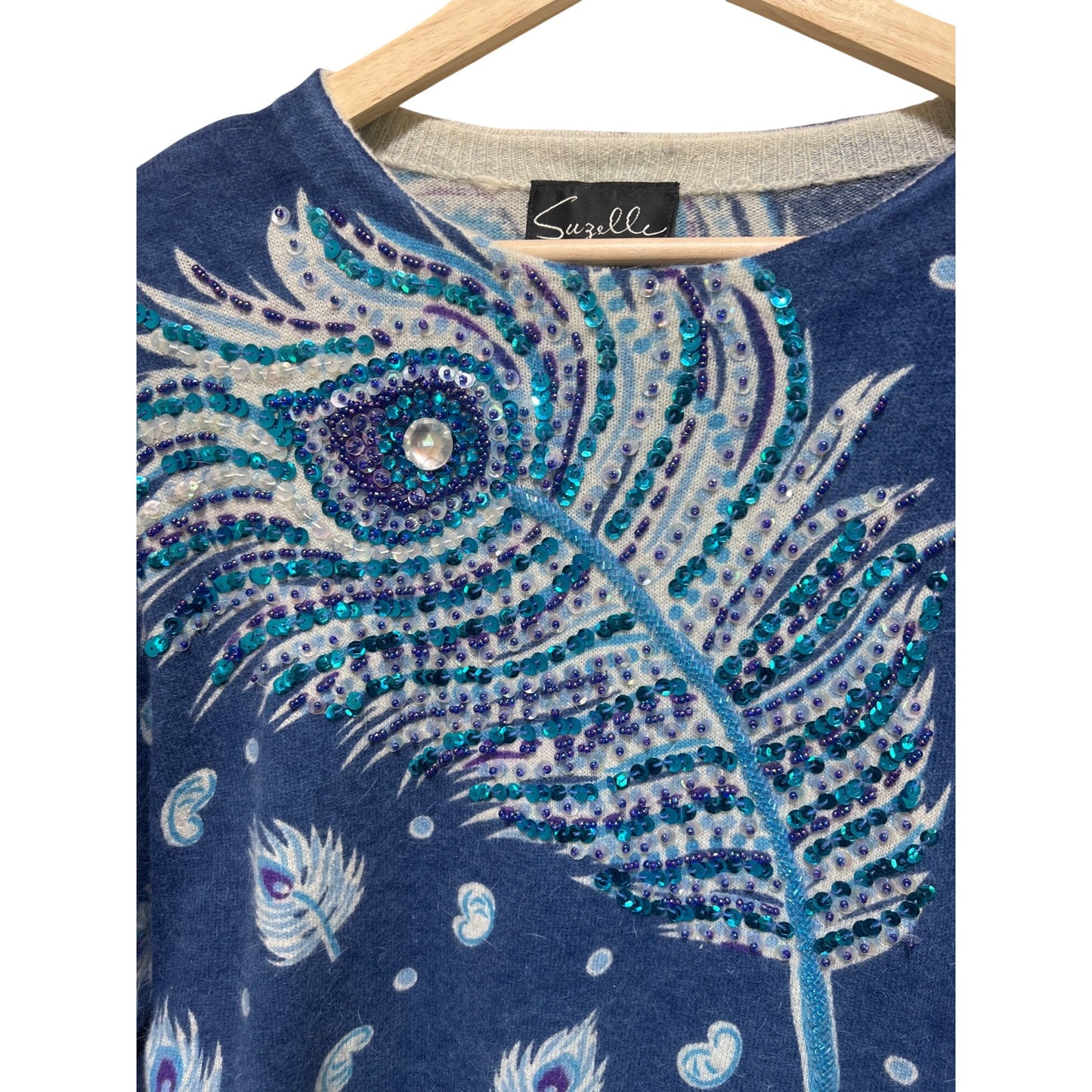 Suzelle NWT Vintage 80's Blue Turquoise Sweater With Peacock Feather Sequin Detail Lambswool & Angora Blend Small