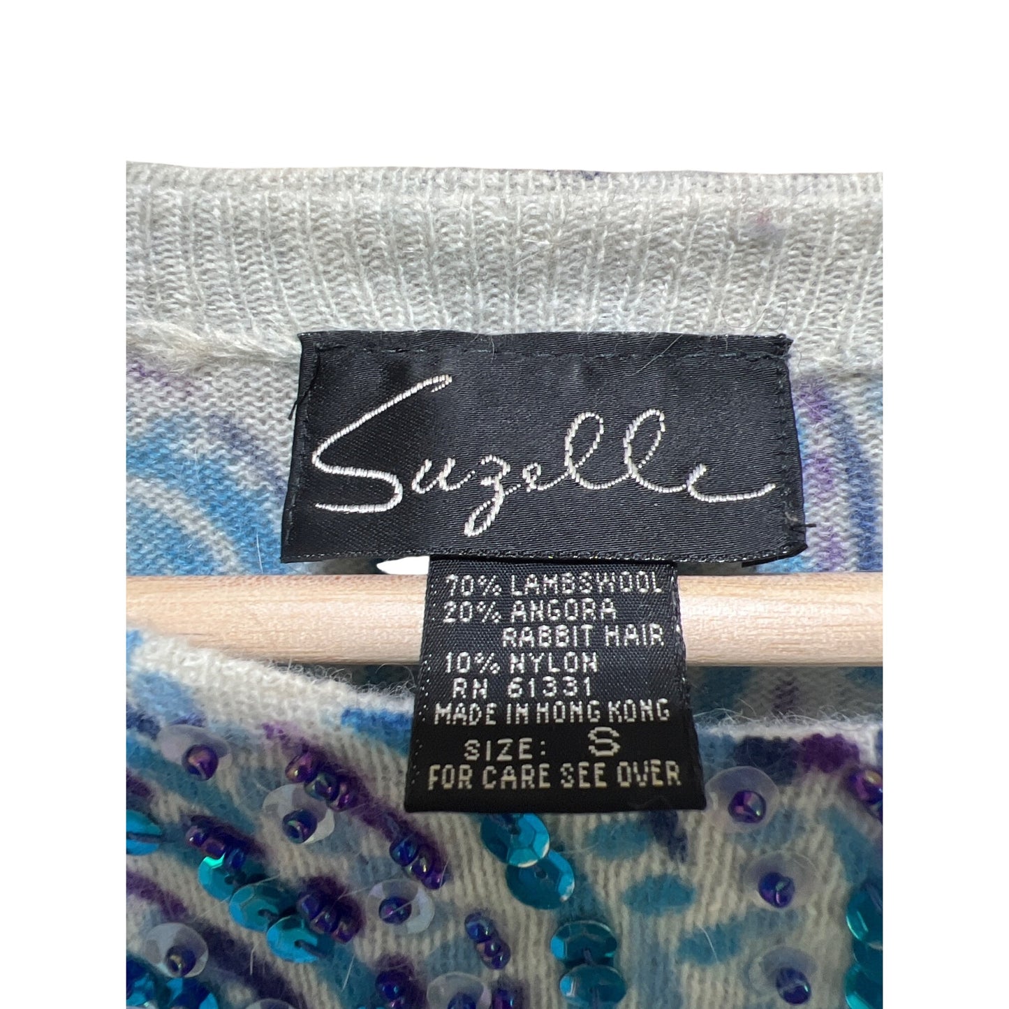 Suzelle NWT Vintage 80's Blue Turquoise Sweater With Peacock Feather Sequin Detail Lambswool & Angora Blend Small