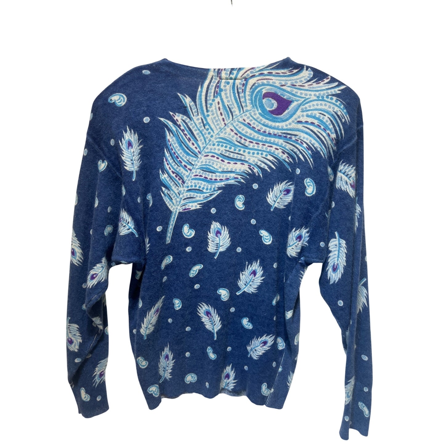 Suzelle NWT Vintage 80's Blue Turquoise Sweater With Peacock Feather Sequin Detail Lambswool & Angora Blend Small