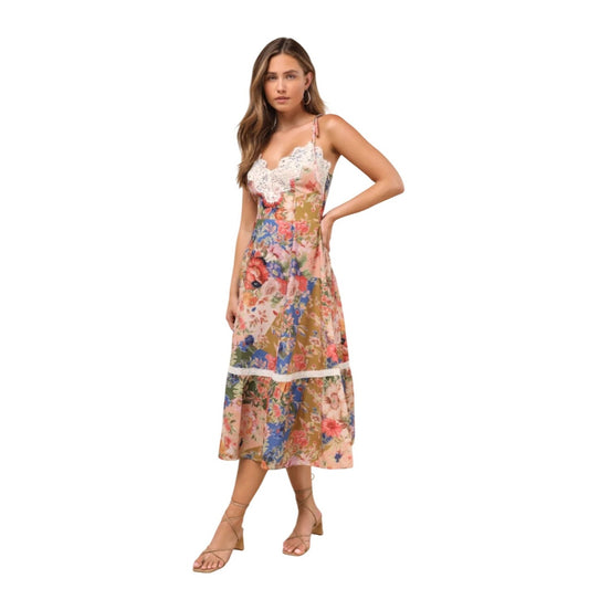 Lulu's NWT Ardith Light Pink Multi Floral Lace Tie Strap Midi Dress